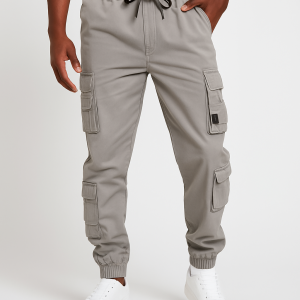 Men’s Casual Grey Cargo Jogger Pants with Multi-Pockets
