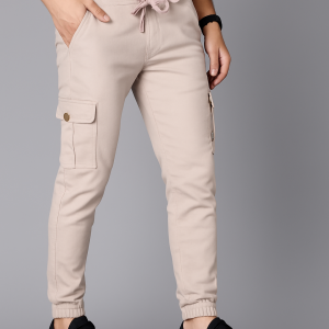 Men’s Beige Cream Colour Jogger Cargo Pants – Slim Fit with Utility Pockets
