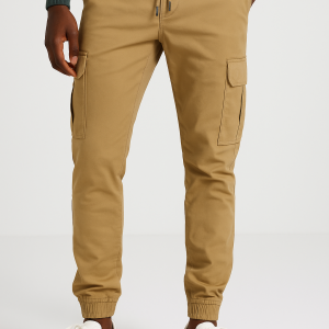 Men’s Khaki Slim Fit Cargo Jogger Pants with Drawstring Waist and Utility Pockets