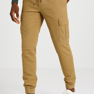 Men’s Khaki Slim Fit Cargo Jogger Pants with Drawstring Waist and Utility Pockets
